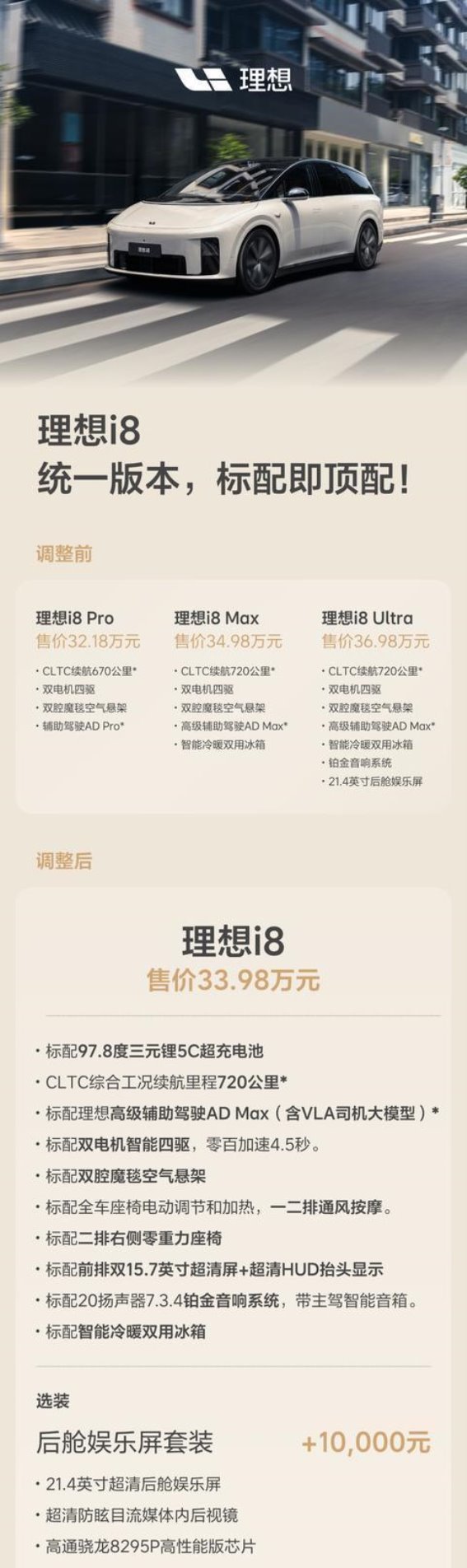 理想i8车型配置简化升级，Max版成标配价格调整引关注