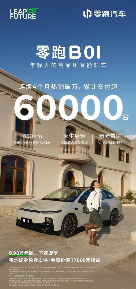 零跑B01销量突破6万台，连续四个月破万