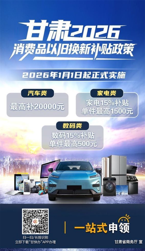 甘肃2026年消费品以旧换新政策全面实施：汽车、电器、数码产品补贴最高可达2万元